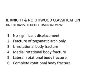 II. KNIGHT & NORTHWOOD CLASSIFICATION
ON THE BASIS OF OCCIPITOMENTAL VIEW:
1. No significant displacement
2. Fracture of zygomatic arch only
3. Unrotational body fracture
4. Medial rotational body fracture
5. Lateral rotational body fracture
6. Complete rotational body fracture
 
