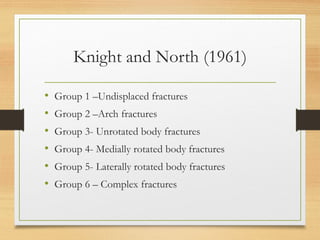 Knight and North (1961)
• Group 1 –Undisplaced fractures
• Group 2 –Arch fractures
• Group 3- Unrotated body fractures
• Group 4- Medially rotated body fractures
• Group 5- Laterally rotated body fractures
• Group 6 – Complex fractures
 