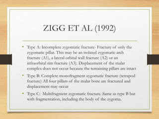 ZIGG ET AL (1992)
• Type A: Incomplete zygomatic fracture- Fracture of only the
zygomatic pillar. This may be an isolated zygomatic arch
fracture (A1), a lateral orbital wall fracture (A2) or an
infraorbital rim fracture (A3). Displacement of the malar
complex does not occur because the remaining pillars are intact
• Type B: Complete monofragment zygomatic fracture (tetrapod
fracture) All four pillars of the malar bone are fractured and
displacement may occur
• Type C: Multifragment zygomatic fracture. Same as type B but
with fragmentation, including the body of the zygoma.
 