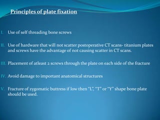 I. Use of self threading bone screws
II. Use of hardware that will not scatter postoperative CT scans- titanium plates
and screws have the advantage of not causing scatter in CT scans.
III. Placement of atleast 2 screws through the plate on each side of the fracture
IV. Avoid damage to important anatomical structures
V. Fracture of zygomatic buttress if low then “L”, “T” or “Y” shape bone plate
should be used.
Principles of plate fixation
 