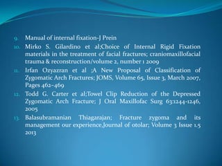 9. Manual of internal fixation-J Prein
10. Mirko S. Gilardino et al;Choice of Internal Rigid Fixation
materials in the treatment of facial fractures; craniomaxillofacial
trauma & reconstruction/volume 2, number 1 2009
11. Irfan Ozyazran et al ;A New Proposal of Classification of
Zygomatic Arch Fractures; JOMS, Volume 65, Issue 3, March 2007,
Pages 462–469
12. Todd G. Carter et al;Towel Clip Reduction of the Depressed
Zygomatic Arch Fracture; J Oral Maxillofac Surg 63:1244-1246,
2005
13. Balasubramanian Thiagarajan; Fracture zygoma and its
management our experience,Journal of otolar; Volume 3 Issue 1.5
2013
 