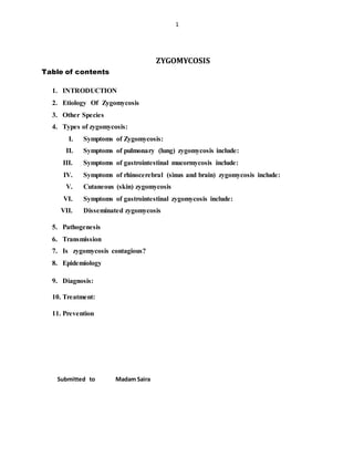 1
ZYGOMYCOSIS
Table of contents
1. INTRODUCTION
2. Etiology Of Zygomycosis
3. Other Species
4. Types of zygomycosis:
I. Symptoms of Zygomycosis:
II. Symptoms of pulmonary (lung) zygomycosis include:
III. Symptoms of gastrointestinal mucormycosis include:
IV. Symptoms of rhinocerebral (sinus and brain) zygomycosis include:
V. Cutaneous (skin) zygomycosis
VI. Symptoms of gastrointestinal zygomycosis include:
VII. Disseminated zygomycosis
5. Pathogenesis
6. Transmission
7. Is zygomycosis contagious?
8. Epidemiology
9. Diagnosis:
10. Treatment:
11. Prevention
Submitted to Madam Saira
 