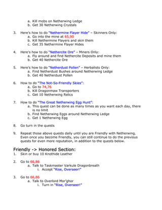 a. Kill mobs on Netherwing Ledge
         b. Get 30 Netherwing Crystals

3.   Here’s how to do “Nethermine Flayer Hide” – Skinners Only:
         a. Go into the mine at 65,90
         b. Kill Nethermine Flayers and skin them
         c. Get 35 Nethermine Flayer Hides

4.   Here’s how to do “Nethercite Ore” – Miners Only:
         a. Fly around and find Nethercite Deposits and mine them
         b. Get 40 Nethercite Ore

5.   Here’s how to do “Netherdust Pollen” – Herbalists Only:
         a. Find Netherdust Bushes around Netherwing Ledge
         b. Get 40 Netherdust Pollen

6.   How to do “The Not-So-Friendly Skies”:
        a. Go to 74,76
        b. Kill Dragonmaw Transporters
        c. Get 10 Netherwing Relics

7.   How to do “The Great Netherwing Egg Hunt”:
        a. This quest can be done as many times as you want each day, there
            is no limit
        b. Find Netherwing Eggs around Netherwing Ledge
        c. Get 1 Netherwing Egg

8.   Go turn in the quests

9.   Repeat those above quests daily until you are Friendly with Netherwing.
     Even once you become Friendly, you can still continue to do the previous
     quests for even more reputation, in addition to the quests below.

Friendly -> Honored Section:
1.   Skin or buy 10 Knothide Leather

2.   Go to 66,86
         a. Talk to Taskmaster Varkule Dragonbreath
               i. Accept “Rise, Overseer!”

3.   Go to 66,86
         a. Talk to Overlord Mor’ghor
               i. Turn in “Rise, Overseer!”
 