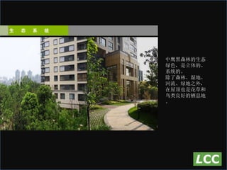 中鹰黑森林的生态绿色，是立体的、系统的。 除了森林、湿地、河流、绿地之外， 在屋顶也是花草和鸟类良好的栖息地。 