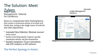 The Solution: Meet
Zylem
W NotebaokLM
Smart Sales
Management. Tailored
for Excellence.
Zylem is a comprehensive Sales Tracking System
that creates a continuous stream of accurate and
timely data, acting as the single source of truth for
your sales organization.
• Automated Data Collection: Eliminate manual
entry errors.
• Invoice-Level Granularity: Capture specific
transaction details, not just summaries.
• Seamle5s Integration: Connect downstream
with ERP, Analytics, or SFA software.
The Perfect Synergy in Action.
Secondar
y Sales Management
Platform.
 