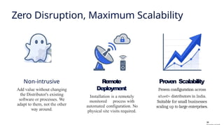 Zero Disruption, Maximum Scalability
Non-intrusive
Add value without changing
the Distributor's existing
software or processes. We
adapt to them, not the other
way around.
Remote
Deployment
Installation is a remotely
monitored process with
automated configuration. No
physical site visits required.
Proven Scalability
Proven configuration across
4O,ooO+ distributors in India.
Suitable for small businesses
scaling up to large enterprises.
W
 