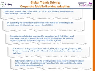 Global Trends Driving Corporate Mobile Banking Adoption 
IDC is predicting the worldwide smart connected device market will accelerate past 2B units by the end of 2015, attaining a market value of $735.1B 
Barriers to mobile payment success 
Tablet Units = Growing Faster Than PCs Ever Did... +52%, 2013 and Smart Phones growth at 53.6 %. Reaching 1.2 billion in 2014 
Internet and mobile banking is now used for transactions worth £6.4 billion a week in UK alone – up from £5.8 billion last year. Majority of transactions are driven by Payment capabilities provided for Corporates and SME’s by Banks 
Global Banks including Deutsche Bank, Citibank, BOFA, Wells Fargo, Morgan Stanley, BNP, ING etc have come up with specific tablet and mobile app strategy for their corporate and SME clients 
Tablets and Smart Phones allow for providing context based audio visuals, location based services, tools and calculators, necessary workflows to be incorporated thereby making them easy to use anytime anywhere  