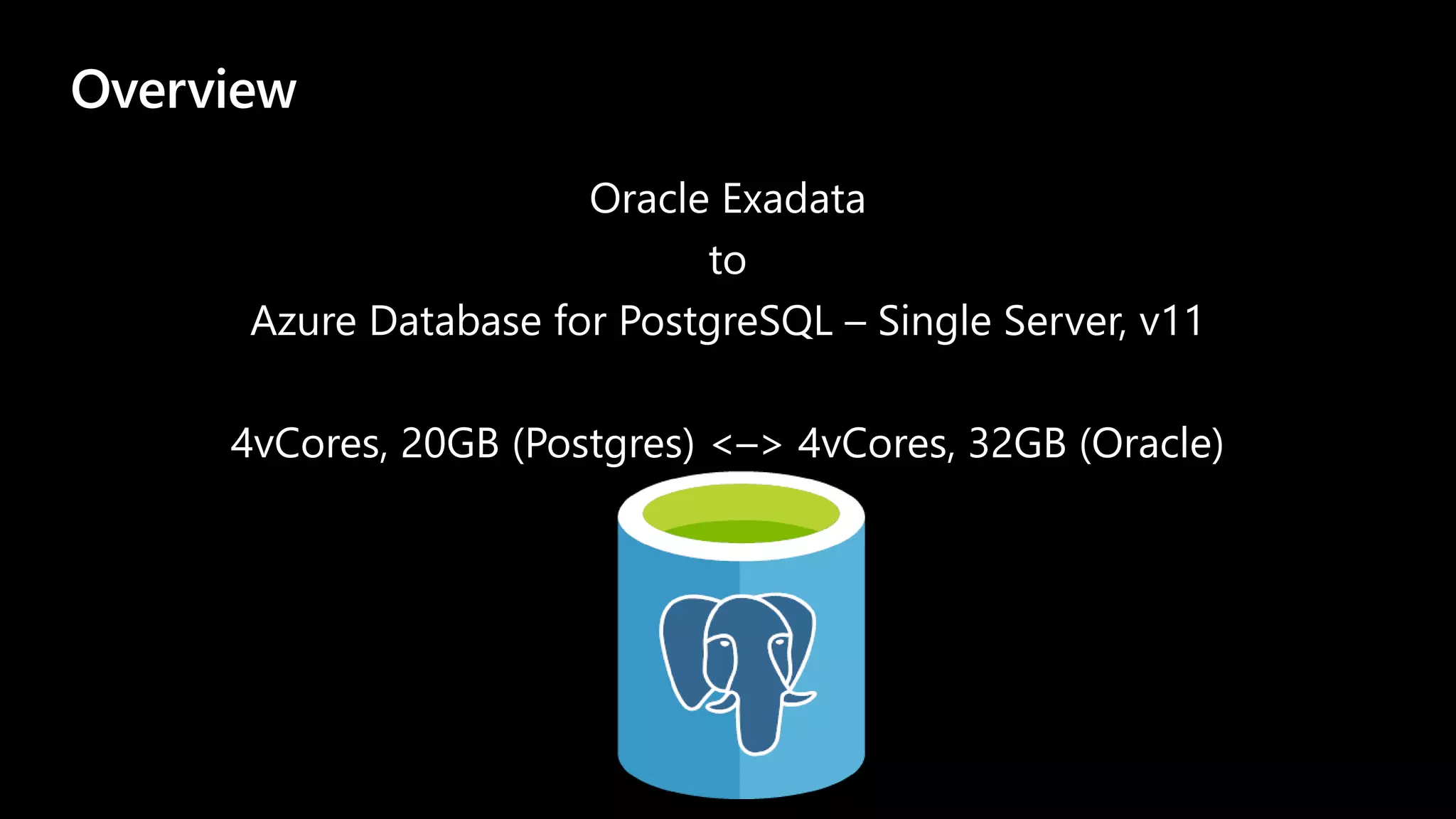 Overview
Oracle Exadata
to
Azure Database for PostgreSQL – Single Server, v11
4vCores, 20GB (Postgres) <–> 4vCores, 32GB (Oracle)
 