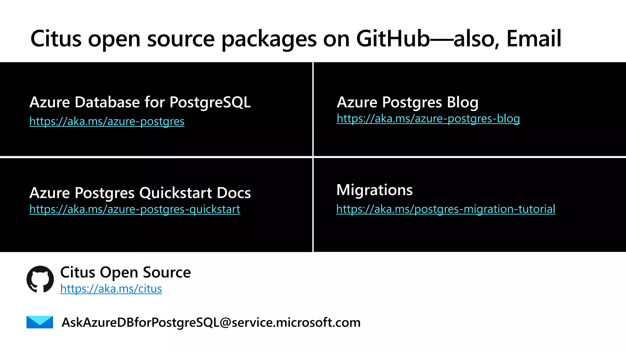 Migrations
https://aka.ms/postgres-migration-tutorial
AskAzureDBforPostgreSQL@service.microsoft.com
Citus open source packages on GitHub—also, Email
https://aka.ms/citus
Azure Postgres Quickstart Docs
https://aka.ms/azure-postgres-quickstart
Azure Database for PostgreSQL
https://aka.ms/azure-postgres
Azure Postgres Blog
https://aka.ms/azure-postgres-blog
 