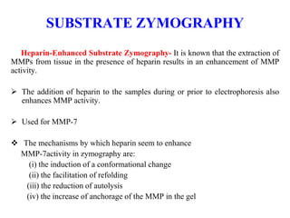 SUBSTRATE ZYMOGRAPHY
Heparin-Enhanced Substrate Zymography- It is known that the extraction of
MMPs from tissue in the presence of heparin results in an enhancement of MMP
activity.
 The addition of heparin to the samples during or prior to electrophoresis also
enhances MMP activity.
 Used for MMP-7
 The mechanisms by which heparin seem to enhance
MMP-7activity in zymography are:
(i) the induction of a conformational change
(ii) the facilitation of refolding
(iii) the reduction of autolysis
(iv) the increase of anchorage of the MMP in the gel
 