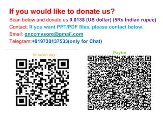 If you would like to donate us?
Scan below and donate us 0.013$ (US dollar) (5Rs Indian rupee)
Contact: If you want PPT/PDF files, please contact below.
Email: gnccmysore@gmail.com
Telegram:+919738137533(only for Chat)
 