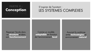 PARTIE II :               S’inspirer de l’existant :
Conception
  CONCEPTION                 LES SYSTEMES COMPLEXES
& REPONSE FINALE




 Repenser l’école dans      Comme un modèle                Assurant la symbiose
 sa structure et dans     adaptable en fonction           entre technologies et
son fonctionnement       de l’environnement local         environnement naturel
 