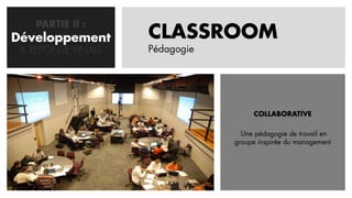 PARTIE II :
Développement
   CONCEPTION       CLASSROOM
 & REPONSE FINALE   Pédagogie




                                     COLLABORATIVE

                                  Une pédagogie de travail en
                                groupe inspirée du management
 