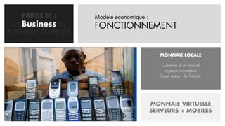 PARTIE III :      Modèle économique :
    Business
  CONCRETISATION       FONCTIONNEMENT
& REALISME DU PROJET


                                                MONNAIE LOCALE

                                                 Création d’un nouvel
                                                  espace monétaire
                                                local autour de l’école




                                             MONNAIE VIRTUELLE
                                             SERVEURS + MOBILES
 