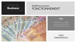 PARTIE III :      Modèle économique :
    Business
  CONCRETISATION       FONCTIONNEMENT
& REALISME DU PROJET


                                                       TAXE

                                               Prélèvement sur activités
                                               pour assurer un fond de
                                             fonctionnement permanent




                                                   TAXE
                                               INDIVIDUELLE
 