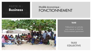 PARTIE III :      Modèle économique :
    Business
  CONCRETISATION       FONCTIONNEMENT
& REALISME DU PROJET


                                                       TAXE

                                               Prélèvement sur activités
                                               pour assurer un fond de
                                             fonctionnement permanent




                                                  TAXE
                                                COLLECTIVE
 