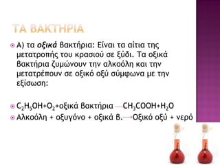 Α) τα οξικά βακτήρια: Είναι τα αίτια της μετατροπής του κρασιού σε ξύδι. Τα οξικά βακτήρια ζυμώνουν την αλκοόλη και την μετατρέπουν σε οξικό οξύ σύμφωνα με την εξίσωση: 
C2H5OH+O2+οξικά βακτήρια CH3COOH+H2O 
Αλκοόλη + οξυγόνο + οξικά β. Οξικό οξύ + νερό  