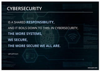 IS A SHARED RESPONSIBILITY,
AND IT BOILS DOWN TO THIS: IN CYBERSECURITY,
THE MORE SYSTEMS,
WE SECURE,
THE MORE SECURE WE ALL ARE.
-Jeh Johnson
CYBERSECURITY
 