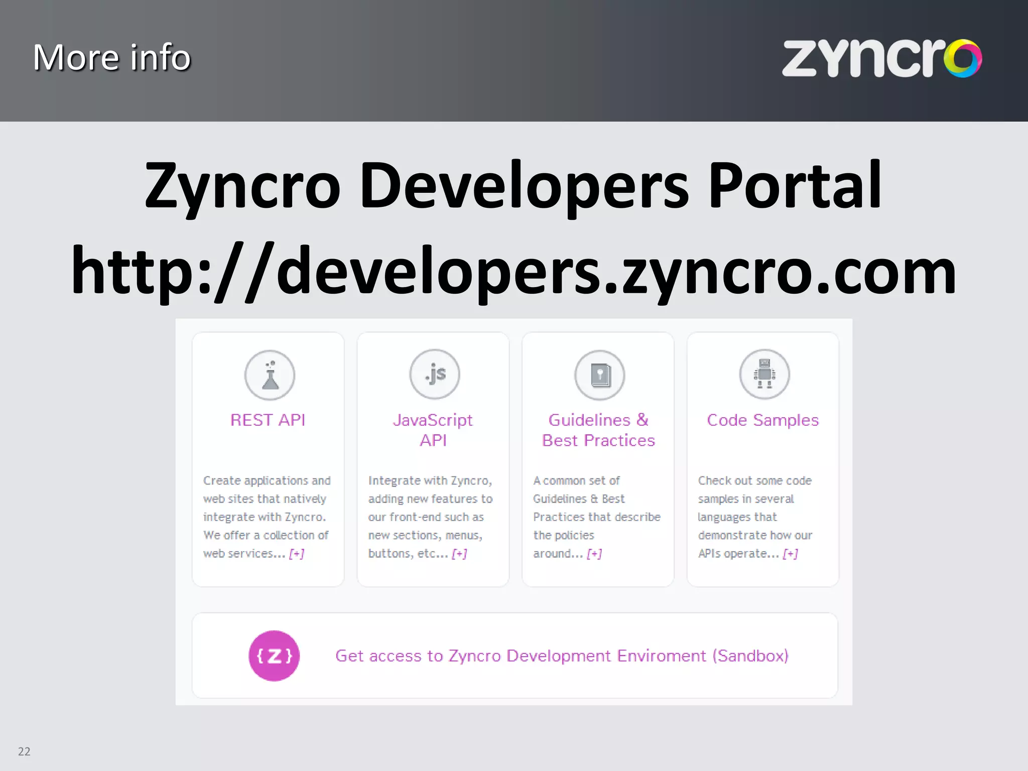 More info


          Zyncro Developers Portal
       http://developers.zyncro.com




22
 