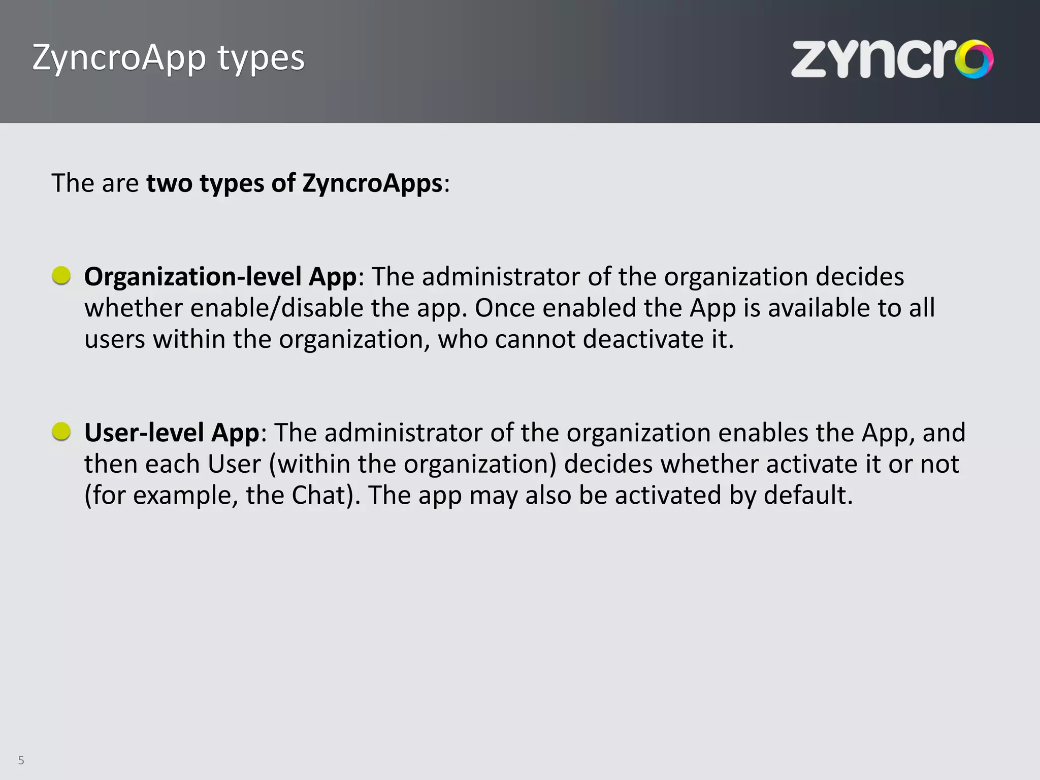 ZyncroApp types


     The are two types of ZyncroApps:


       Organization-level App: The administrator of the organization decides
       whether enable/disable the app. Once enabled the App is available to all
       users within the organization, who cannot deactivate it.


       User-level App: The administrator of the organization enables the App, and
       then each User (within the organization) decides whether activate it or not
       (for example, the Chat). The app may also be activated by default.




5
 