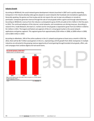  
Industry Growth 

According to IBISWorld, the social network game development industry launched in 2007 and is quickly expanding. 
Companies in the industry develop video games played on social networks like Facebook and smartphone applications. 
Generally speaking, the games are free to play and do not require the user to own any software or console to 
participate. Companies generate revenue through the sale of virtual goods within a game and through advertisements. 
According to IBISWorld, revenue from the industry is anticipated to grow 24.4% annually to $11.3 billion in the five years 
to 2016. The continued adoption of the internet, social networks, and smartphones are driving revenues. According to 
research firm, Inside Network, the total U.S. market size for virtual goods is expected to grow from $1.6 billion in 2010 to 
$2.1 billion in 2011. The largest and fastest sub‐segment of the U.S. virtual good market is the social network 
applications and games segment. This segment grew from approximately $250 million in 2008, to $490 million in 2009, 
and to $835 million in 2010.  
 
According to eMarketer, 24% of the online audience in the U.S. played social games at least once a month in 2010. By 
2012, there will be 68.7 million social gamers in the U.S., representing a 29.5% growth from 2010. Companies in multiple 
industries are attracted to the growing revenue opportunity of social gaming through branded virtual goods, offers, ads 
and campaigns that combine digital and real‐world items.   
 




                                                                                  
 
 

 

 

 

 

 

 

 
11                                SEE VERY IMPORTANT DISCLAIMERS AT END OF REPORT             www.MidasLP.com 
 