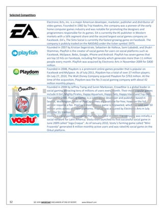  
Selec
    cted Competi
               itors 

                                              Electronic A
                                                         Arts, Inc. is a m
                                                                         major America    an developer r, marketer, p publisher and distributor o of 
                                              video games  s. Founded in n 1982 by Trip p Hawkins, the company w     was a pioneer of the early 
                                              home comp   puter games in  ndustry and w  was notable f for promoting  g the designers and 
                                              programmers responsible for its game       es. EA is curre
                                                                                                       ently the #1 p publisher in W
                                                                                                                                   Western 
                                              markets wit th a 16% segm  ment share an   nd the second d largest socia al games commpany on 
                                              Facebook. E EA’s, The Sims  s Social is currently the fasstest growing game on Fac   cebook. The 
                                              company is publicly trade   ed on the NA  ASDAQ under the ticker sym    mbol: ERTS. 
                                              Founded in 2007 by Krist   tian Segerstra ale, Sebastienn de Halleux, S  Sami Lababiddi, and Shukri 
                                              Shammas, P  Playfish is the creator of so ocial games fo or users on so ocial platform
                                                                                                                                   ms such as 
                                              Facebook, M MySpace, Beb   bo, Google, iP Phone and Android. Playfis    sh has seven ggames that 
                                   
                                              are top 10 hhits on Facebo  ook, including g Pet Society which genera   ates more tha an 11 million 
                                              people ever ry month. Play  yfish was acq quired by Elec ctronic Arts inn November 2 2009 for $400  0 
                                              million.  
                                              Founded in 2008, Playdo    om is a promin  nent online games provide    er that is popular on 
                                              Facebook an  nd MySpace. As of July 201    11, Playdom has a total of   f over 27 milli
                                                                                                                                    ion players. 
                                              On July 27, 22010, The Wa   alt Disney Com mpany acquir  red Playdom for $763 million. At the 
                                              time of the acquisition, P Playdom was the No.3 soci      ial gaming company with a   about 42 
                                              million mon nthly players.  
                                              Founded in 2008 by Jeffr   rey Tseng and  d Suren Marko   osian, CrowdStar is a globa al leader in 
                                              social gaminng attracting t tens of millions of users ev very month. T   Their most poopular games  s 
                                              include It Giirl, Mighty Pir
                                                                         rates, Happy A   Aquarium, Ha appy Pets, Ha  appy Island annd Top Girl. 
                                              Founded in 2000, PopCap Games is a video game d          developer and   d publisher based in 
                                              Seattle, Was shington. Mo  ost of PopCap games are av                   ree; however the full 
                                                                                                        vailable for fr
                                              version requuires a fee. Po opCap’s most   t famous gam me is Bejewele  ed, which hass sold over 50 0 
                                              million unitss across all major platform  ms. PopCap wa   as acquired bby Electronic AArts in July 
                                              2011 for $1. .3 billion.  
                                              Vostu is a so
                                                          ocial gaming c  company that    t was foundeed in 2007. Th he company w  was initially a 
                                              social netwoork for Latin AAmerica. Vost    tu then launcched its first s
                                                                                                                      successful soccial game in 
                                              June 2009 called “Joga Craque”. As of      f January 2010, Vostu’s far  rming game c called “Mini 
                                       
                                              Frazenda” g generated 8 m  million monthly active user   rs and was rat  ted #1 social game on the 
                                              Orkut platfoorm.  
 

 

 

 

 

 

 

 

 

 

12                             SEE VERY IMPORTANT DISCLAIMERS
                                                            S AT END OF REPORT                      LP.com 
                                                                             T             www.MidasL
 