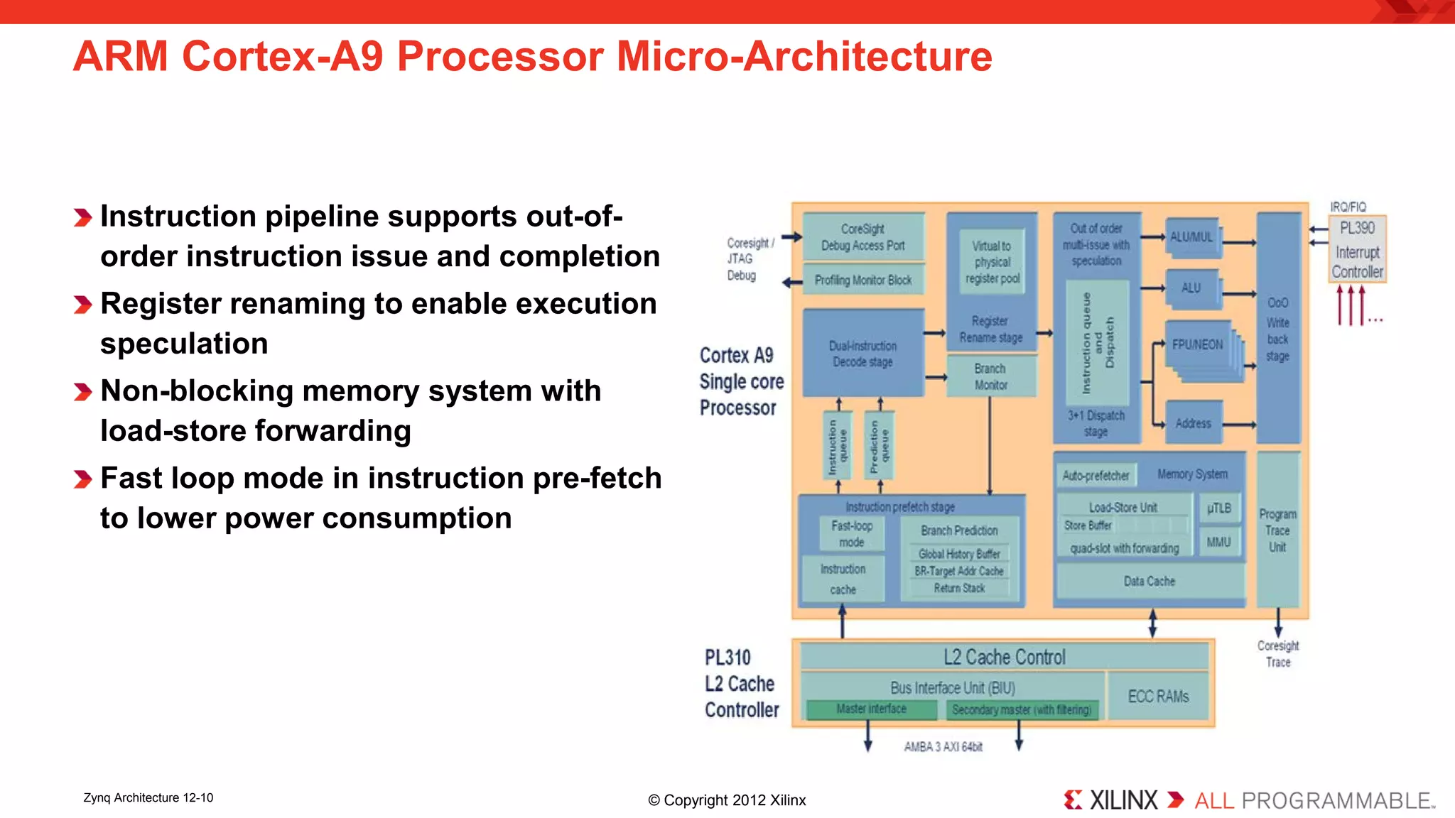 ARM Cortex-A9 Processor Micro-Architecture 
Instruction pipeline supports out-of- order instruction issue and completion 
Register renaming to enable execution speculation 
Non-blocking memory system with load-store forwarding 
Fast loop mode in instruction pre-fetch to lower power consumption 
Zynq Architecture 12-10 © Copyright 2012 Xilinx 
 