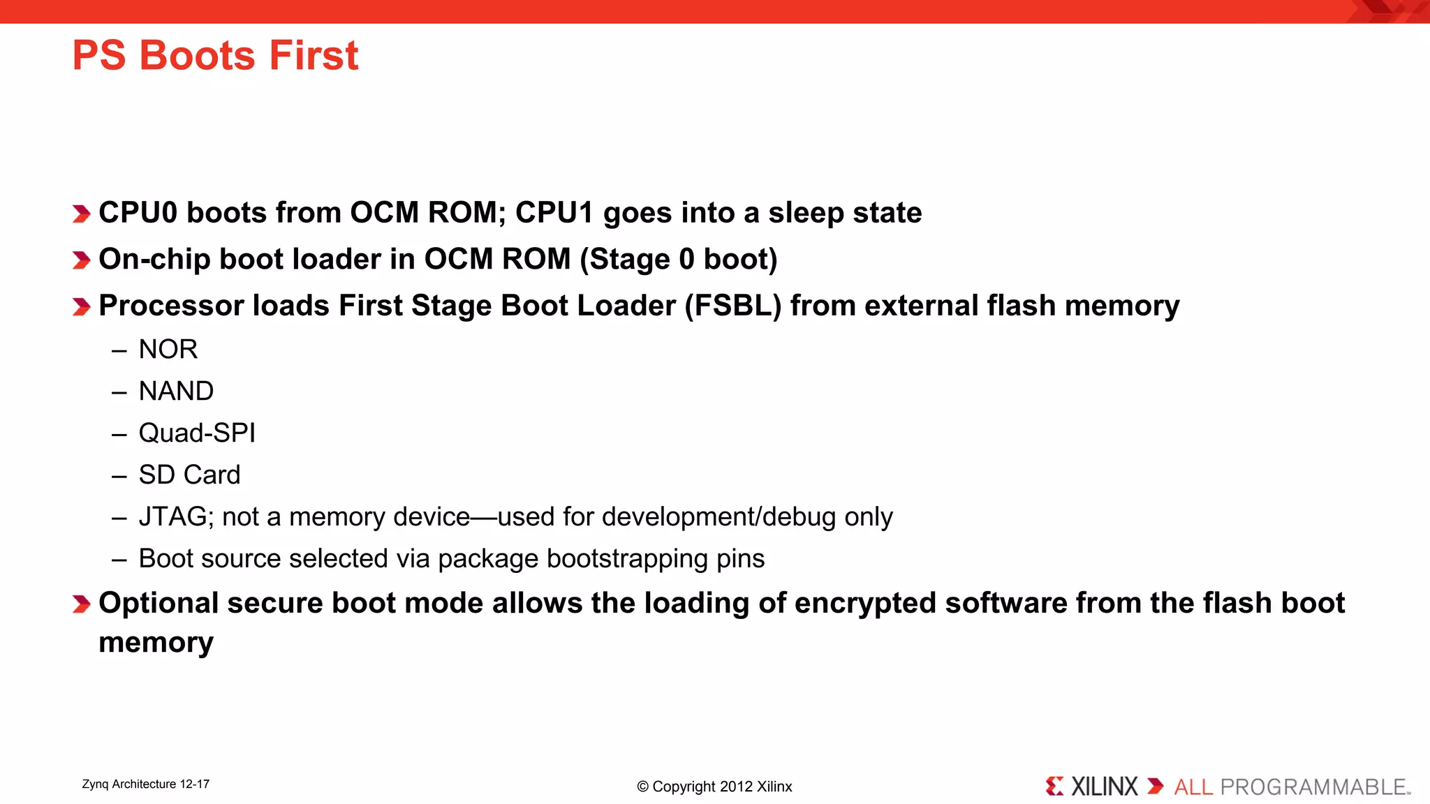 CPU0 boots from OCM ROM; CPU1 goes into a sleep state 
On-chip boot loader in OCM ROM (Stage 0 boot) 
Processor loads First Stage Boot Loader (FSBL) from external flash memory 
– 
NOR 
– 
NAND 
– 
Quad-SPI 
– 
SD Card 
– 
JTAG; not a memory device—used for development/debug only 
– 
Boot source selected via package bootstrapping pins 
Optional secure boot mode allows the loading of encrypted software from the flash boot memory 
PS Boots First 
Zynq Architecture 12-17 © Copyright 2012 Xilinx 
 