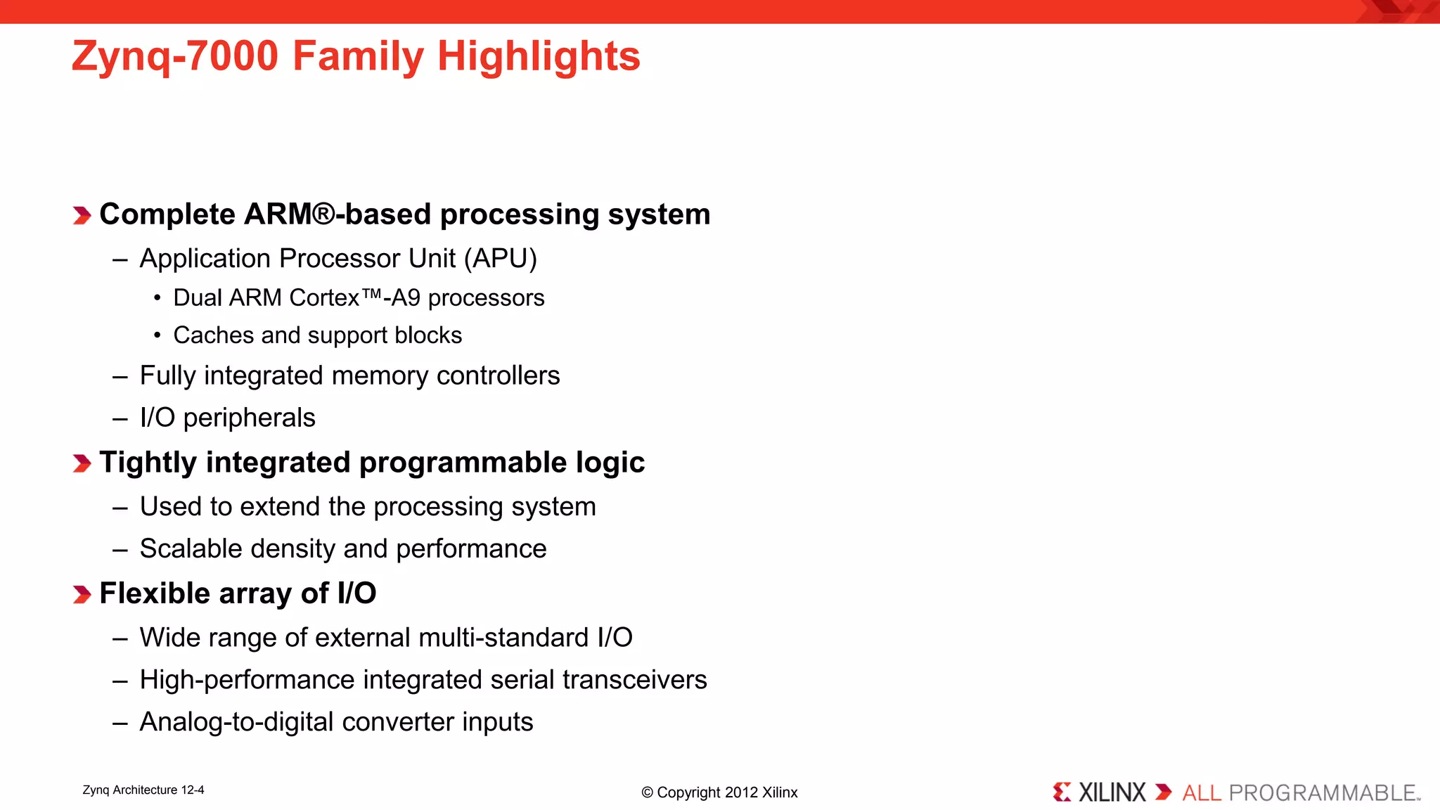 Complete ARM®-based processing system 
– 
Application Processor Unit (APU) 
• 
Dual ARM Cortex™-A9 processors 
• 
Caches and support blocks 
– 
Fully integrated memory controllers 
– 
I/O peripherals 
Tightly integrated programmable logic 
– 
Used to extend the processing system 
– 
Scalable density and performance 
Flexible array of I/O 
– 
Wide range of external multi-standard I/O 
– 
High-performance integrated serial transceivers 
– 
Analog-to-digital converter inputs 
Zynq-7000 Family Highlights 
Zynq Architecture 12-4 © Copyright 2012 Xilinx 
 