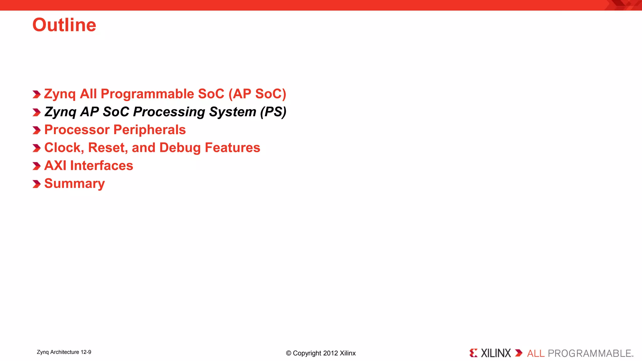Zynq All Programmable SoC (AP SoC) 
Zynq AP SoC Processing System (PS) 
Processor Peripherals 
Clock, Reset, and Debug Features 
AXI Interfaces 
Summary 
Outline 
Zynq Architecture 12-9 © Copyright 2012 Xilinx 
 
