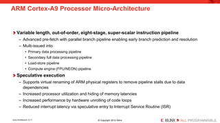 Variable length, out-of-order, eight-stage, super-scalar instruction pipeline 
– 
Advanced pre-fetch with parallel branch pipeline enabling early branch prediction and resolution 
– 
Multi-issued into 
• 
Primary data processing pipeline 
• 
Secondary full data processing pipeline 
• 
Load-store pipeline 
• 
Compute engine (FPU/NEON) pipeline 
Speculative execution 
– 
Supports virtual renaming of ARM physical registers to remove pipeline stalls due to data dependencies 
– 
Increased processor utilization and hiding of memory latencies 
– 
Increased performance by hardware unrolling of code loops 
– 
Reduced interrupt latency via speculative entry to Interrupt Service Routine (ISR) 
ARM Cortex-A9 Processor Micro-Architecture 
Zynq Architecture 12-11 © Copyright 2012 Xilinx 
 
