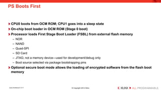 CPU0 boots from OCM ROM; CPU1 goes into a sleep state 
On-chip boot loader in OCM ROM (Stage 0 boot) 
Processor loads First Stage Boot Loader (FSBL) from external flash memory 
– 
NOR 
– 
NAND 
– 
Quad-SPI 
– 
SD Card 
– 
JTAG; not a memory device—used for development/debug only 
– 
Boot source selected via package bootstrapping pins 
Optional secure boot mode allows the loading of encrypted software from the flash boot memory 
PS Boots First 
Zynq Architecture 12-17 © Copyright 2012 Xilinx 
 