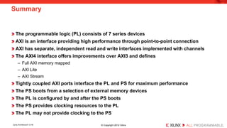 The programmable logic (PL) consists of 7 series devices 
AXI is an interface providing high performance through point-to-point connection 
AXI has separate, independent read and write interfaces implemented with channels 
The AXI4 interface offers improvements over AXI3 and defines 
– 
Full AXI memory mapped 
– 
AXI Lite 
– 
AXI Stream 
Tightly coupled AXI ports interface the PL and PS for maximum performance 
The PS boots from a selection of external memory devices 
The PL is configured by and after the PS boots 
The PS provides clocking resources to the PL 
The PL may not provide clocking to the PS 
Summary 
Zynq Architecture 12-40 © Copyright 2012 Xilinx 
