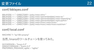 22変更ファイル
conf/bblayes.conf
BBLAYERS += " <DIRECTORY>/poky/meta-xilinx "
BBLAYERS += " <DIRECTORY>/poky/meta-openembedded/meta-oe "
BBLAYERS += " <DIRECTORY>/poky/meta-openembedded/meta-networking "
BBLAYERS += " <DIRECTORY>/poky/meta-openembedded/meta-python "
BBLAYERS += " <DIRECTORY>/poky/meta-linaro/meta-linaro "
BBLAYERS += " <DIRECTORY>/poky/meta-linaro/meta-linaro-toolchain "
conf/local.conf
MACHINE ?= "ep108-zynqmp"
当然、linaroのツールチェーンを使ってみた。
GCCVERSION = "linaro-5.2"
SDKGCCVERSION = "linaro-5.2"
PREFERRED_PROVIDER_eglibc = "eglibc"
 