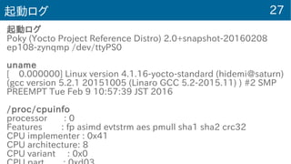 27起動ログ
起動ログ
Poky (Yocto Project Reference Distro) 2.0+snapshot-20160208
ep108-zynqmp /dev/ttyPS0
uname
[ 0.000000] Linux version 4.1.16-yocto-standard (hidemi@saturn)
(gcc version 5.2.1 20151005 (Linaro GCC 5.2-2015.11) ) #2 SMP
PREEMPT Tue Feb 9 10:57:39 JST 2016
/proc/cpuinfo
processor : 0
Features : fp asimd evtstrm aes pmull sha1 sha2 crc32
CPU implementer : 0x41
CPU architecture: 8
CPU variant : 0x0
 