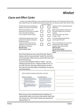 Mindset Page 5
Mindset
Cause and Effect Cycles
Consider an everyday challenge or issue you deal with and tick the box on t...