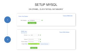 SETUP MYSQL
ON CPANEL, CLICK “MYSQL DATABASES”
1
2
 