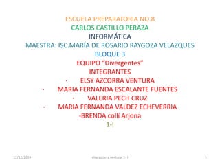 ESCUELA PREPARATORIA NO.8 
CARLOS CASTILLO PERAZA 
INFORMÁTICA 
MAESTRA: ISC.MARÍA DE ROSARIO RAYGOZA VELAZQUES 
BLOQUE 3 
EQUIPO “Divergentes” 
INTEGRANTES 
· ELSY AZCORRA VENTURA 
· MARIA FERNANDA ESCALANTE FUENTES 
· VALERIA PECH CRUZ 
· MARIA FERNANDA VALDEZ ECHEVERRIA 
-BRENDA collí Arjona 
1-I 
12/12/2014 elsy azcorra ventura 1- I 1 
 