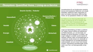 www.FutureManagementGroup.com 36
Kommunikation /
Steuerung
Handel
Gesundheit
Smarte Geräte / Roboter
Daten
Mobilität
Sicherheit
Geschäftsmodell
Innovationsräume für am Kundennutzen orientierte
Services sind cloudbasierte Plattformen und virtuelle
Marktplätze. Plattformen bieten insbesondere für
kleine und mittlere Unternehmen (KMU) die Mög-
lichkeit, sich als spezialisierte Anbieter von Teilleis-
Die Plattform ist ein Meta-Geschäftsmodell, die
Analyse und Nutzung der auf ihr erzeugten oder
bereitgestellten Daten Voraussetzung für die
Entwicklung neuer Services und Geschäftsmodelle,
die sie – auch wiederum als neue Datenquellen –
integriert.
tungen der Wertschöpfung am Markt zu positionie-
ren. Größere Chancen eröffnet die Positionierung
als Plattformbetreiber, d.h. als Intermediär und
Navigator ein Partner-Ökosystem zu schaffen, Leis-
tungen intelligent zu bündeln und den Handel mit
Hardware, Software, Daten und Dienstleistungen zu
orchestrieren. Kunden können sich individuelle Lö-
sungen bedarfsgerecht und herstellerübergreifend
zusammenstellen und so ihr Smart Home modular
erweitern. Datenbasierte Geschäftsmodelle werden
zudem neue Preis- und Nutzungsmodelle ermög-
lichen.
Ökosystem: Quantified Home / Living-as-a-Service
Plattformen
Energie
Medien
Chancen und neue Geschäftsmodelle
 