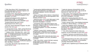 www.FutureManagementGroup.com
Quellen
43
1/12
Röhl, Klaus-Reiner (2013): Konzentrations- und
Schrumpfungsprozesse in deutschen Regionen und
Großstädten bis 2030, Köln (Link)
2/21
UN DESA (2015): World Population Prospects, the
2015 Revision, Link, Veröffentlichungsdatum: 2015,
Abrufdatum: 15.12.2015
3
Statistisches Bundesamt (2015): Bevölkerung
Deutschlands bis 2060. 13. koordinierte
Bevölkerungsvorausberechnung, Wiesbaden (Link)
4
Bundesministerium des Innern (2015):
Migrationsbericht 2013, Berlin (Link)
5
UN (2014): World Urbanization Prospects: The 2014
Revision, New York (Link)
6/9/10
Bundesinstitut für Bau-, Stadt- und Raumforschung
(2015): Wohnungsmarktprognose 2030, Bonn (Link)
7/13
Postbank (2016): "Wohnatlas 2016 - Leben in der
Stadt": Wo Bevölkerungswachstum die Preise steigen
lässt, Link, Veröffentlichungsdatum: 03.03.2015,
Abrufdatum: 09.03.2016
8
Rheinisch-Westfälisches Institut für
Wirtschaftsforschung (2013): Deutschland 2030: Mehr
Autos, weniger Menschen, Link, Veröffentlichungsdatum:
2013, Abrufdatum: 26.08.2013
11/28
EY (2015): Wie will die junge Generation in der
Zukunft wohnen? (Link)
14
Hamburgisches WeltWirtschaftsInstitut (2015): Was
zieht die Hochqualifizierten in die Städte?, Link,
Veröffentlichungsdatum: 02/2015, Abrufdatum:
04.03.2015
15
Allianz und Prognos (2016): Wohnen in Deutschland
2045. Wie entwickeln sich die Wohnungsmärkte in den
nächsten 30 Jahren? (Link)
16
DESTATIS (2015): 14,2 % mehr Wohnungen im Jahr
2014 fertig gestellt, Link, Veröffentlichungsdatum:
18.06.2015, Abrufdatum: 11.03.2016
17
Immowelt.de (2015): Neue Wohnungsnot in den
Metropolen: Knapp die Hälfte der Haushalte kämpft um
10 Prozent der Wohnungen, Link,
Veröffentlichungsdatum: 15.12.2015, Abrufdatum:
11.03.2016
18
Vielhauer, Cordula (2013): Vertikale Nischen:
Miniwohnungen in Megacities von Gary Chang, Link,
Veröffentlichungsdatum: 25.07.2013, Abrufdatum:
17.11.2014
19
Shutler, Natalie (2015): Home Shrunken Home, Link,
Veröffentlichungsdatum: 20.02.2015, Abrufdatum:
11.03.2016
20
Taka, Tomo (2016): London’s Old Oak to welcome
world’s largest co-living space, Link,
Veröffentlichungsdatum: 09.02.2016, Abrufdatum:
11.03.2016
22
Institut der deutschen Wirtschaft Köln und bpd
(2015): Der Wohnungsmarkt 2030 - Wie und wo die
Generation 65+ leben wird, Köln (Link)
23/24
Sition (2015): Erste bundesweite Studie "Wohnhoch-
haus Deutschland", Link, Veröffentlichungsdatum:
06.10.2015, Abrufdatum: 12.10.2015
25
BHB (2016): Deutsche Baumärkte 2015 auf
Erfolgskurs, Link, Veröffentlichungsdatum: 07.03.2016,
Abrufdatum: 14.03.2016
26
Horster, Hermann (2015): Green Building Investments
im Aufwind, in: Börsen-Zeitung v. 11.03.2015 (Link)
27
Haufe Online Redaktion (2015): Dreiviertel der
Deutschen halten "Green Living" für das Wohnkonzept
der Zukunft, Link, Veröffentlichungsdatum: 19.05.2015,
Abrufdatum: 14.03.2016
29/31
PwC (2015): Baubranche aktuell. Status quo,
Prognosen und die Erwartungen an Smart Home (Link)
30/34
Deloitte & Technische Universität München (2015):
Ready for Takeoff? Smart Home aus Konsumentensicht
(Link)
32
FutureManagementGroup AG (2015): 2025: Das Büro
als Denkraum. Orte, Umgebungen und Schnittstellen
zukünftiger Wissensarbeit, Eltville (Link)
33
BITKOM (2015): Digitalisierung der Arbeitswelt, Berlin
(Link)
 