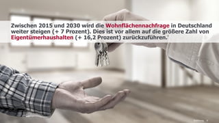 www.FutureManagementGroup.com 8
Zwischen 2015 und 2030 wird die Wohnflächennachfrage in Deutschland
weiter steigen (+ 7 Prozent). Dies ist vor allem auf die größere Zahl von
Eigentümerhaushalten (+ 16,2 Prozent) zurückzuführen.
9
Einführung
 