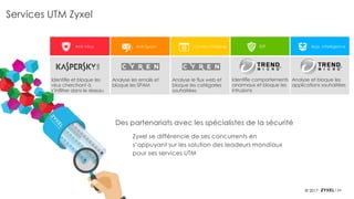 24© 2017
Services UTM Zyxel
Anti-Virus
Identifie et bloque les
virus cherchant à
s’infiltrer dans le réseau
Analyse les emails et
bloque les SPAM
Anti-Spam Content Filtering IDP App. Intelligence
Analyse le flux web et
bloque les catégories
souhaitées
Identifie comportements
anormaux et bloque les
intrusions
Analyse et bloque les
applications souhaitées
Des partenariats avec les spécialistes de la sécurité
Zyxel se différencie de ses concurrents en
s’appuyant sur les solution des leadeurs mondiaux
pour ses services UTM
 
