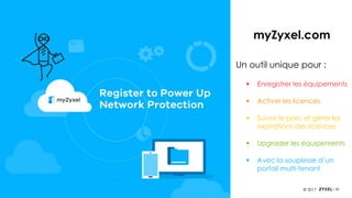 30© 2017
Gamme passerelles UTM USG
Un outil unique pour :
▪ Enregistrer les équipements
▪ Activer les licences
▪ Suivre le parc et gérer les
expirations des licences
▪ Upgrader les équipements
▪ Avec la souplesse d’un
portail multi-tenant
myZyxel.com
 