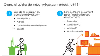 31© 2017
Quand et quelles données myZyxel.com enregistre-t-il ?
1
Lors de la création du
compte myZyxel.com
▪ Nom / prénom
▪ Adresse
▪ Coordonnées email/téléphone
▪ Société
2
Lors de l’enregistrement
pour l’installation des
équipements
▪ Revendeur
▪ Adresse MAC
▪ Adresse IP
▪ Numéro de série
 