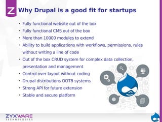 Why Drupal is a good fit for startups
•

Fully functional website out of the box

•

Fully functional CMS out of the box

•

More than 10000 modules to extend

•

Ability to build applications with workflows, permissions, rules
without writing a line of code

•

Out of the box CRUD system for complex data collection,
presentation and management

•

Control over layout without coding

•

Drupal distributions OOTB systems

•

Strong API for future extension

•

Stable and secure platform

 