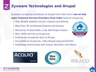 Zyxware Technologies and Drupal
Zyxware is a leading contributor to Drupal from India and is one of only
eight Featured Service Providers from India listed on drupal.org
● Over 40,000 websites use our modules and themes
● More than 30 contributed modules and themes
● Maintainer of Search404, a top 100 Drupal module
● Over 1000 commits at drupal.org
● Contributes all patches back to Drupal
● Our profile on drupal.org - http://drupal.org/user/222163
● Knowledge partnerships with Acquia, New Relic and Volacci
 
