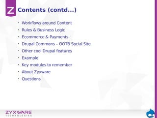 • Workflows around Content
• Rules & Business Logic
• Ecommerce & Payments
• Drupal Commons – OOTB Social Site
• Other cool Drupal features
• Example
• Key modules to remember
• About Zyxware
• Questions
Contents (contd...)
 