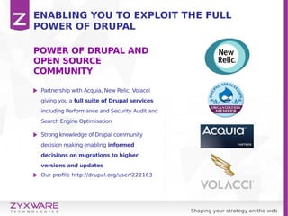 Shaping your strategy on the web
POWER OF DRUPAL AND
OPEN SOURCE
COMMUNITY
Partnership with Acquia, New Relic, Volacci
giv...