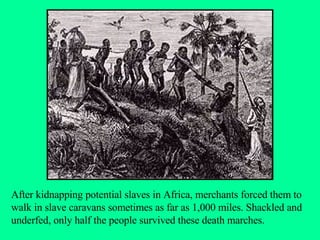 After kidnapping potential slaves in Africa, merchants forced them to walk in slave caravans sometimes as far as 1,000 miles. Shackled and underfed, only half the people survived these death marches. 