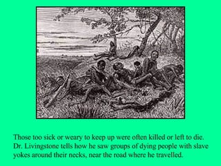 Those too sick or weary to keep up were often killed or left to die. Dr. Livingstone tells how he saw groups of dying people with slave yokes around their necks, near the road where he travelled. 